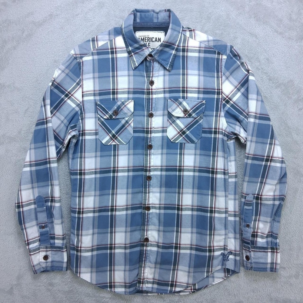 Mens American Eagle Outfitters Plaid Button Up Shirt Blue White Small 01977
